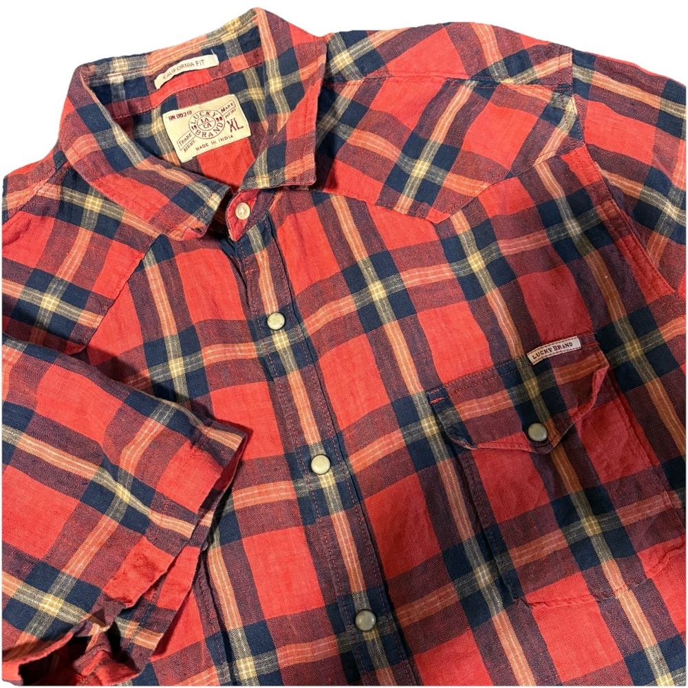 Lucky Brand Linen Shirt Mens XL Red Plaid Pearl Snap Short Sleeve California Fit